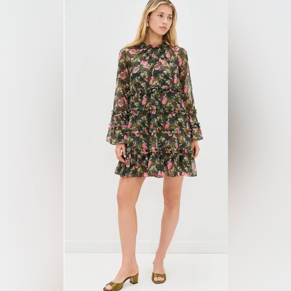 EUC SZ 8 Cinq a Sept Impressionist Floral Sumniva Ruffled Shirt Dress